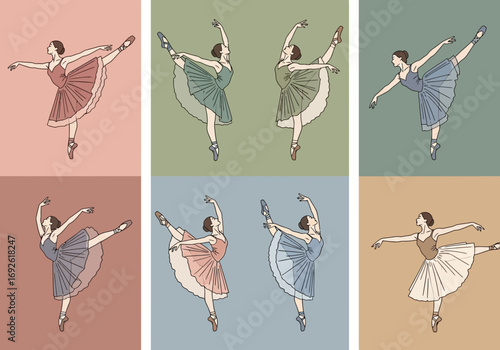 Ballet dancers in various poses and colorful tutus.