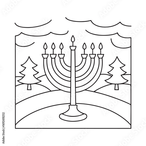 Outline drawing of a menorah with seven lit candles in a winter landscape with trees and clouds Keywords: menorah, hanukkah, holiday, jewish, celebration, festival, candles, lit, flame, seven