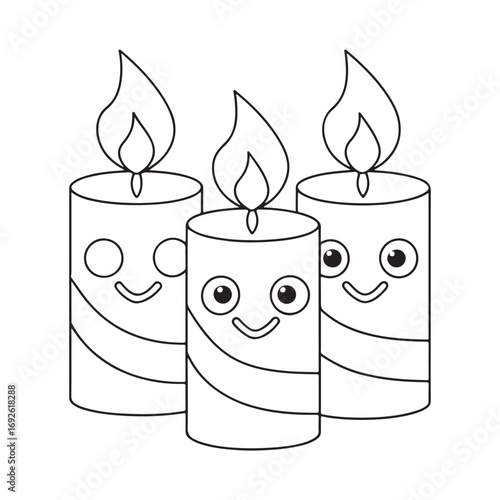 Three cute cartoon candles with faces and flames in black and white line art Keywords: candles, candle, cute, cartoon, kawaii, faces, smiling, happy, flames, fire, burning, lit, celebration, party