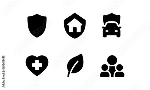 Insurance and safety icons collection: home, car, health, environment, family
