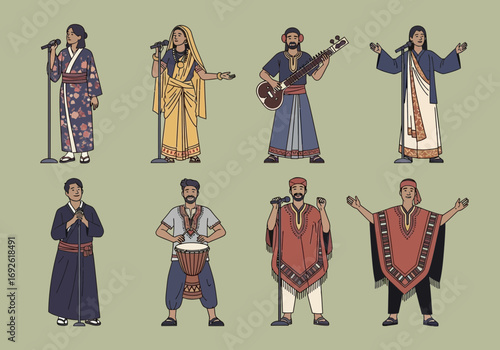 Diverse people in traditional cultural attire standing and posing.