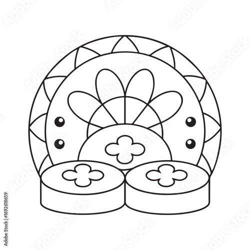 Stylized Outline of a Festive Flower and Clover Pattern Keywords: outline, pattern, flower, clover, festive, decorative, symmetrical, geometric, abstract, simple, drawing, line art, graphic