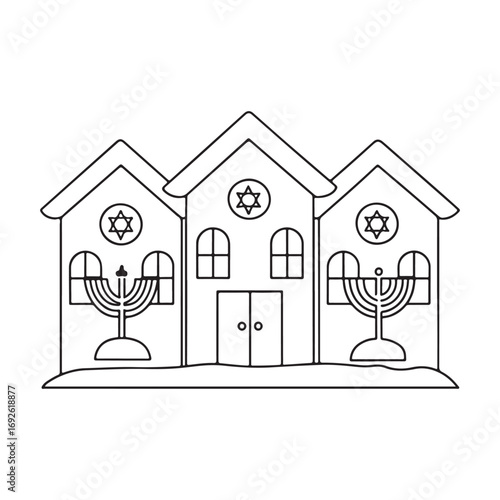 Outline Drawing of a Synagogue with Menorahs and Star of David Symbols Keywords: outline, synagogue, building, architecture, religious, Jewish, Judaism, Hanukkah, menorah, candelabra, Star of