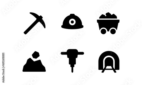 Mining icon set featuring tools and equipment for underground and surface operations
