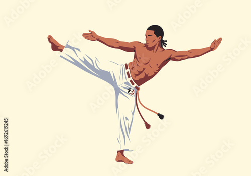 Man performing a martial arts kick with arms outstretched.