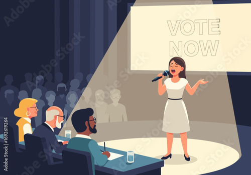 Woman speaks into microphone on stage before judges and audience.