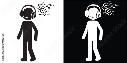 Stylized Human Figure with Headphones and Music Notes in Black and White Inverted Design