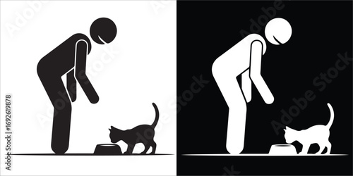 Graphic Icon of Person Feeding Cat in Black and White Contrast
