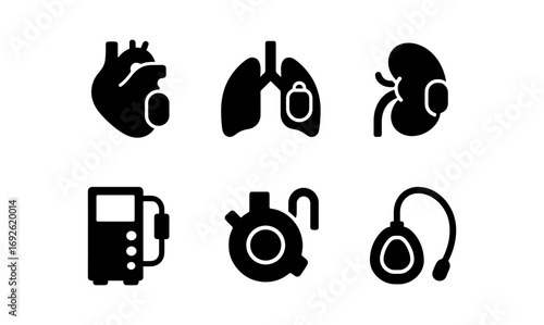 Set of medical organ icons and devices in bold minimalist style