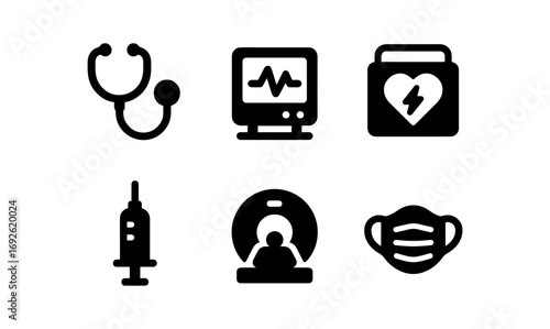 Medical equipment icons: stethoscope, monitor, defibrillator, syringe, scanner, mask