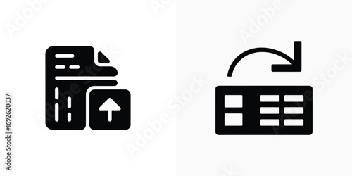 Isolated documents with an up arrow and an arrow rotating above a table icons