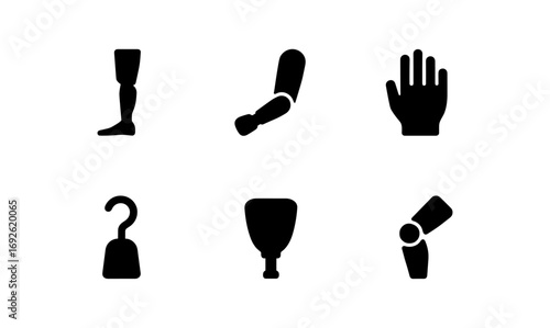 Collection of silhouette icons depicting prosthetic limbs and hooks