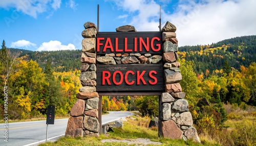 Scenic roadside sign marking Falling Rocks