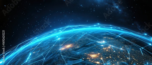 A futuristic depiction of Earth with vibrant blue connections highlighting global networks against a starry background.