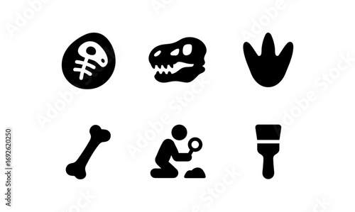 Bold black fossil icons: paleontology symbols for archaeology and history themes