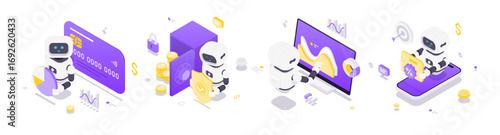 Isometric vector illustration showcasing robots interacting with artificial intelligence, finance, data analytics, marketing, security, automation and business processes in modern digital environments