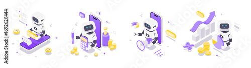 Isometric vector illustration depicting robots using artificial intelligence for business automation, financial calculation, marketing promotion, and data analytics in modern digital environments.