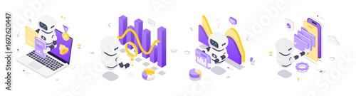 Isometric vector illustration of robots using artificial intelligence for data analysis, education, presentation, and secure information storage in modern digital technology environment.