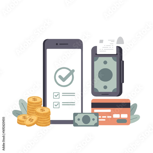 Flat lay illustration of vector payment methods: smartphone, credit card, cash, and receipt;  clean white background, conveying a secure and reliable financial