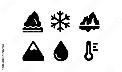 Winter icons: iceberg, snowflake, mountain, water drop, temperature