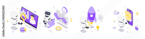 Isometric vector illustration of robots using artificial intelligence for business automation, analytics, innovation, project management, startup launch, and digital security solutions.