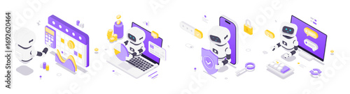 Isometric vector illustration of modern robots using artificial intelligence for finance management, data protection, budgeting, and secure communication in digital technology environment.