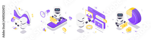 Isometric vector illustration showing futuristic robots powered by artificial intelligence managing data, marketing, web design, and financial analytics in a modern digital environment.