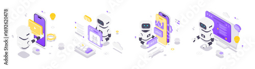 Isometric vector illustration of robots using artificial intelligence for video editing, image generation, app development, and AI communication in modern digital creative technology.