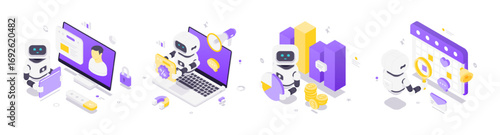 Isometric vector illustration depicting robots with artificial intelligence managing profiles, promotions, analytics, and event planning in a futuristic digital environment.