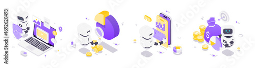 Isometric vector illustration showing artificial intelligence robots interacting with finance, security, analytics, and online transactions in a modern digital technology environment.