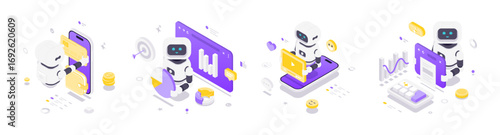 Isometric vector illustration featuring artificial intelligence robots interacting with financial technology, data analytics, video content, and web monitoring in a futuristic digital environment.