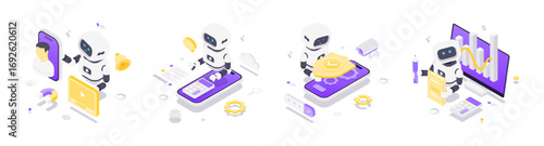 Isometric vector illustration showing artificial intelligence robots working in personalized advertising, digital assistance, data security, and online learning in a futuristic technology environment.