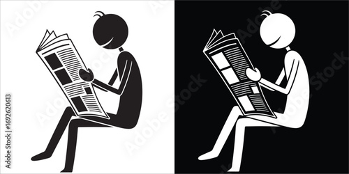 Stick Figures Reading Newspaper in Contrasting Black and White Styles