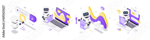 Isometric vector illustration showing futuristic robots performing SEO optimization, analyzing data, learning skills, and interacting with chatbots in a modern digital technology concept.
