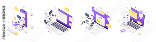 Isometric illustration featuring artificial intelligence robots engaged in navigation, coding, learning and startup innovation in a digital technology environment with a creative futuristic style