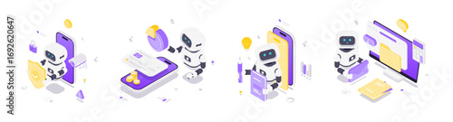 Isometric vector illustration showing futuristic robots performing data protection, financial analysis, learning and document management in a modern technology environment with bright isometric design