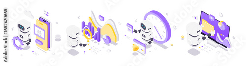 Isometric illustration featuring futuristic robots interacting with technology elements for image generation, time management and secure information storage in modern digital environments