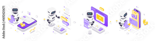 Isometric vector illustration showing artificial intelligence robots managing digital wallet transactions, chatting with AI, learning new skills, and analyzing financial data in a technology concept