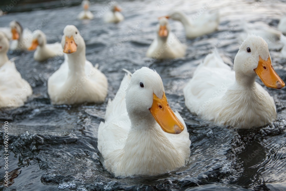 Fototapeta premium White ducks swimming in water