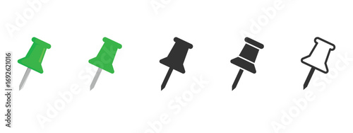 Set of vector push pin illustrations in green, black, and outline styles. Thumbtack icons ideal for office stationery, corkboards, reminders, notes, maps, and digital design projects