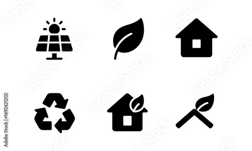 Eco-friendly icon set: renewable energy, recycling, sustainable living symbols