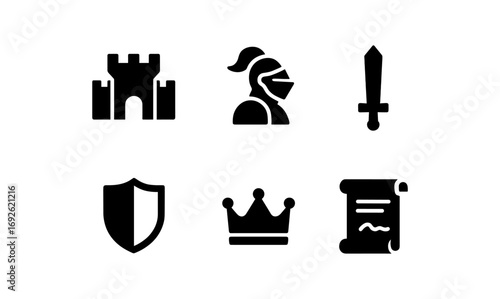 Medieval icon set: knight, castle, sword, and shield in silhouette style