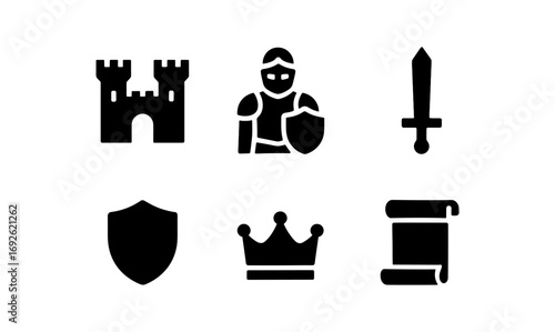 Medieval icons collection: knight, castle, and armor tools in silhouette style