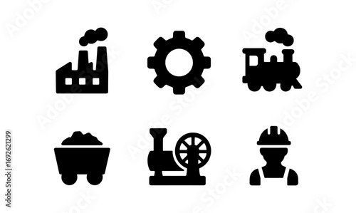 Industrial icons collection: factory, gear, train, mining, steam engine, worker silhouettes