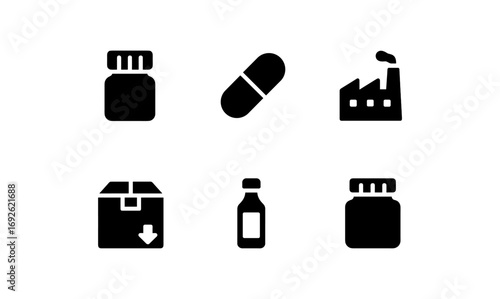 Silhouette icons of medicine and industry: bottles, capsules, and factories
