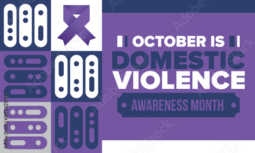 Domestic Violence Awareness Month in October. Celebrate annual in United States. Awareness purple ribbon. Day of Unity. Prevention campaign. Stop women abuse. Poster, banner and background. Vector