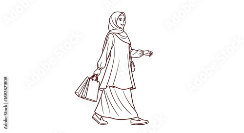 A line art illustration of a muslim woman walking with a shopping bag