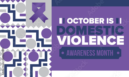 Domestic Violence Awareness Month in October. Celebrate annual in United States. Awareness purple ribbon. Day of Unity. Prevention campaign. Stop women abuse. Poster, banner and background. Vector