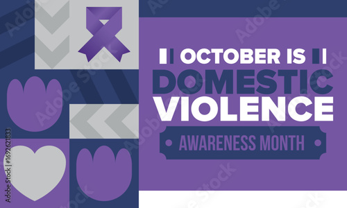 Domestic Violence Awareness Month in October. Celebrate annual in United States. Awareness purple ribbon. Day of Unity. Prevention campaign. Stop women abuse. Poster, banner and background. Vector