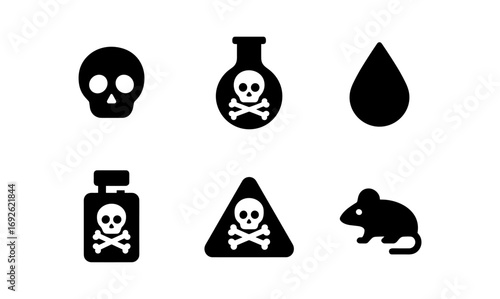 Dark silhouette icons of toxic hazard and skull symbols in minimal style